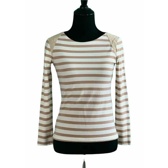 J. Crew White brown Striped Long Sleeve Suede Shoulder Tee XXS - Picture 1 of 8